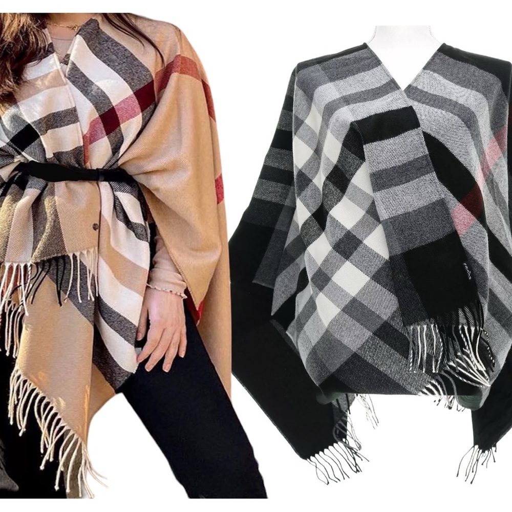 FRAAS Women's Fraas Plaid Cape Sweater with Fringe-Trim - NWT Black